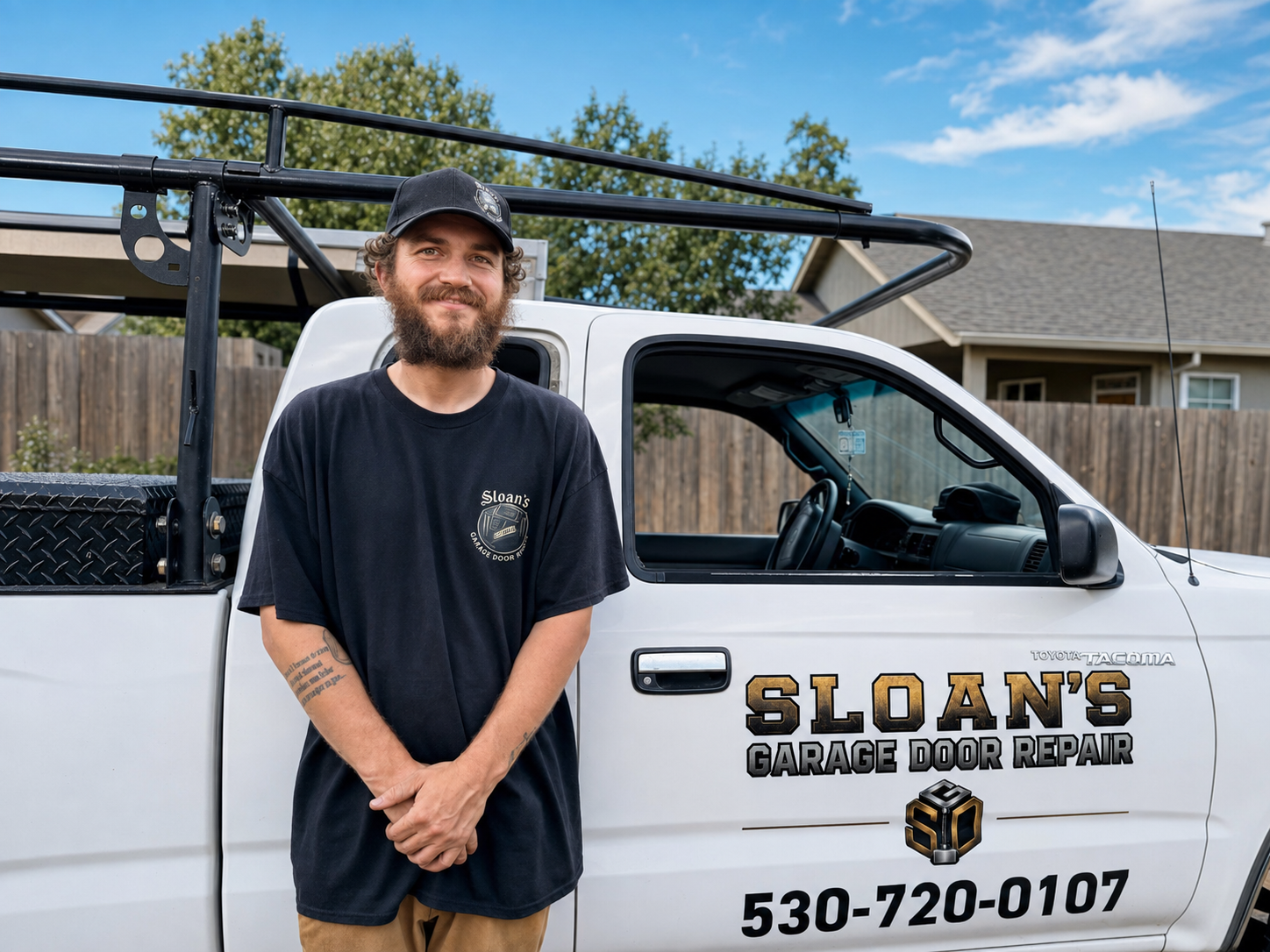 Sloan standing beside his Sloan's Garage Door Repair service truck