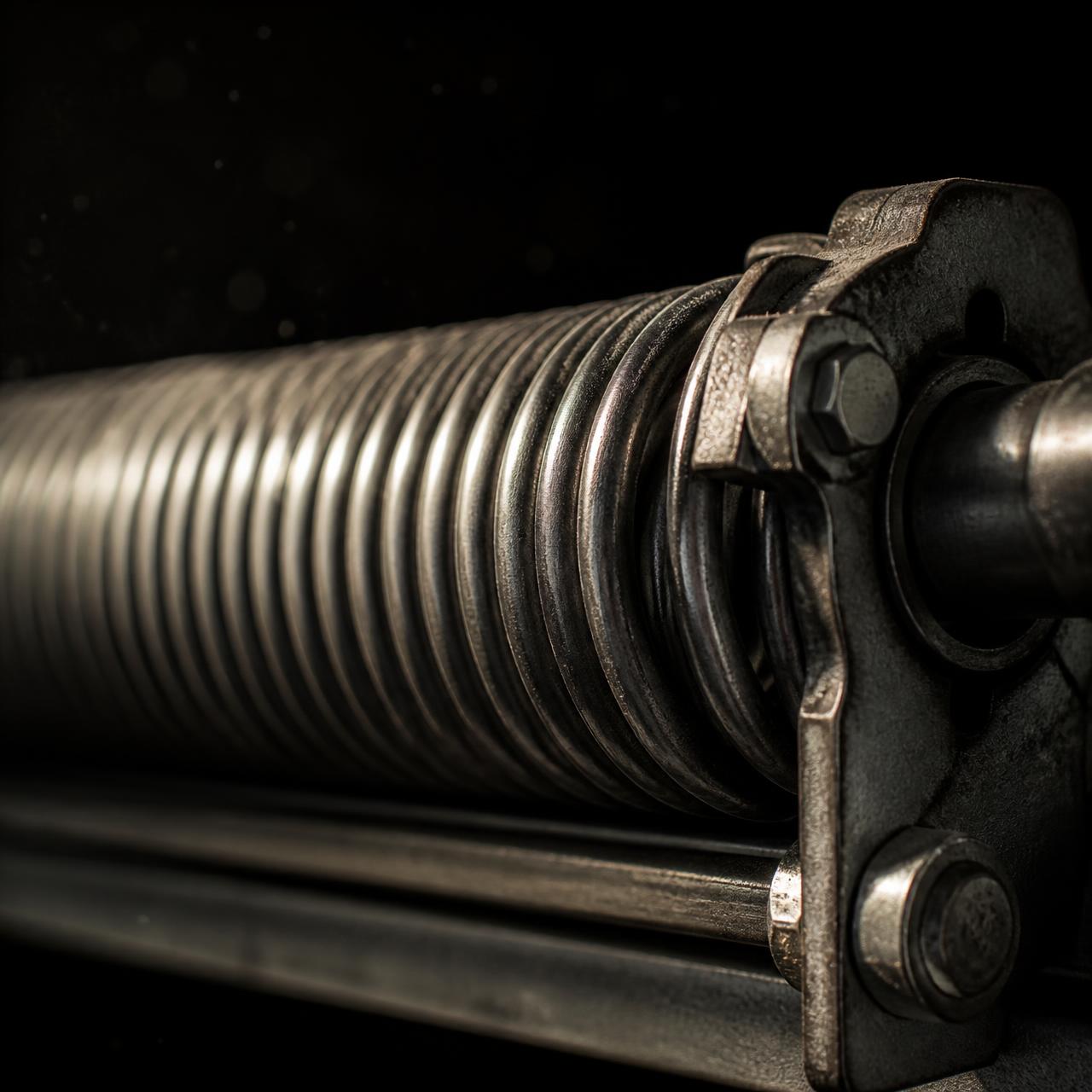 Close-up of a steel torsion spring mounted on a garage door shaft