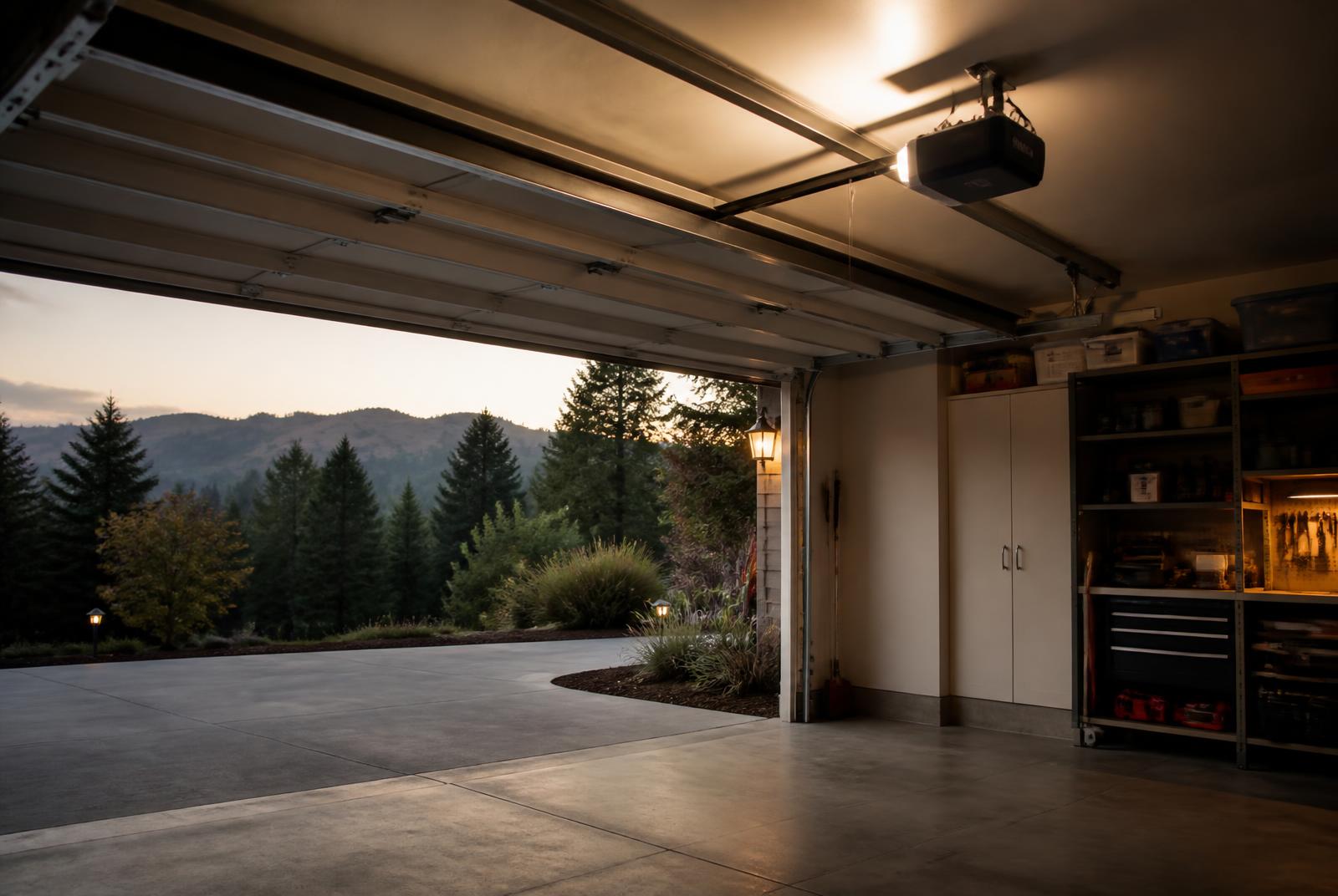Garage door opener and rail seen from inside an open garage at dusk