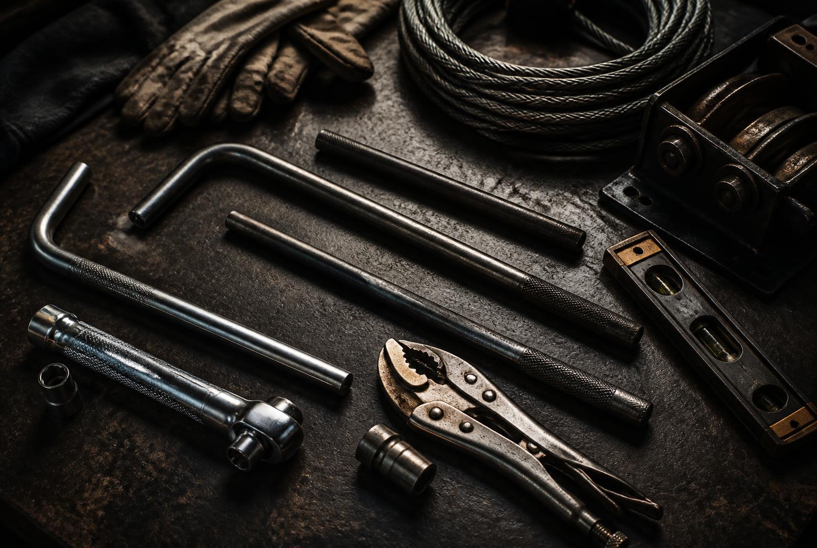 Garage door repair tools arranged on a dark workbench